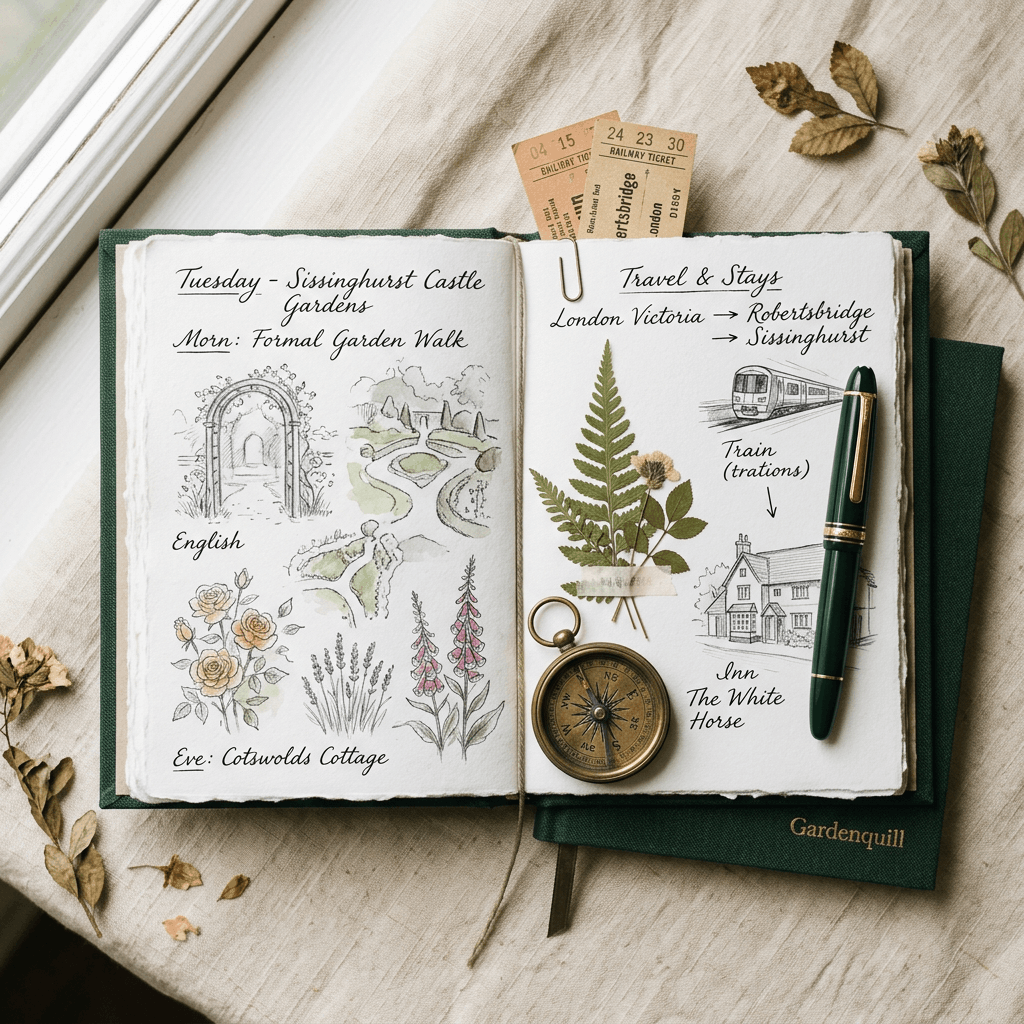 Illustrated England travel notebook with garden sketches, rail tickets and a brass compass