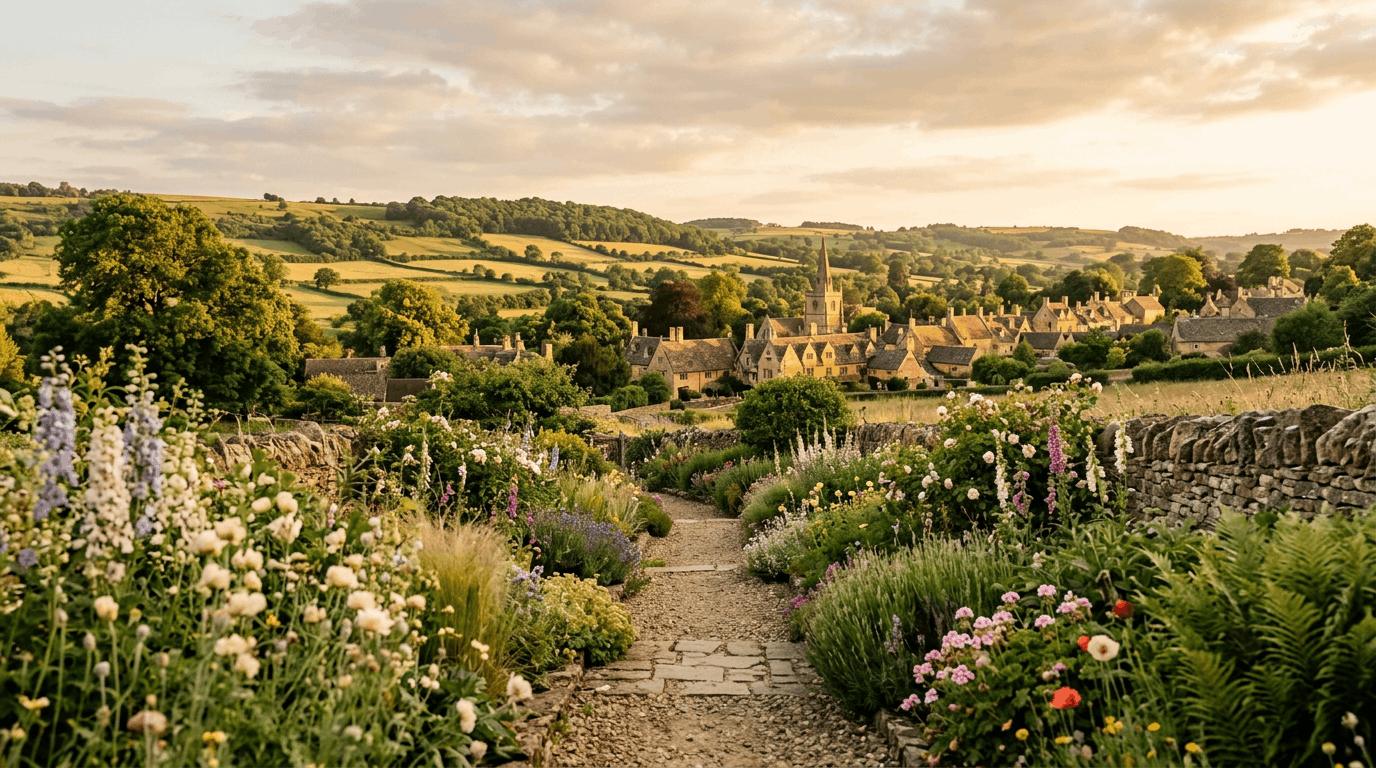 Golden hour view of an English garden path leading toward a honey-stone village and rolling countryside