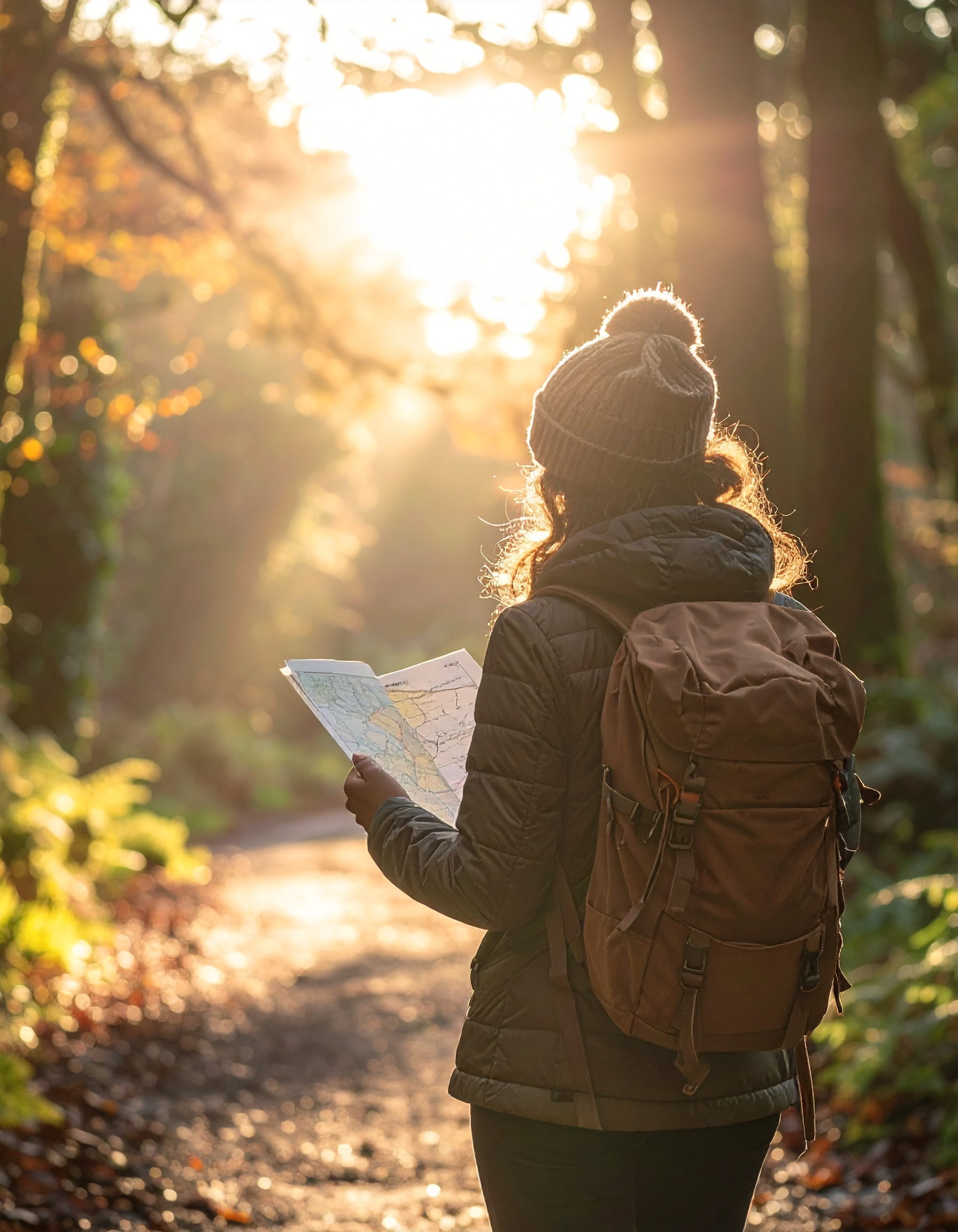 Walker following a quiet woodland path with annotated route notes