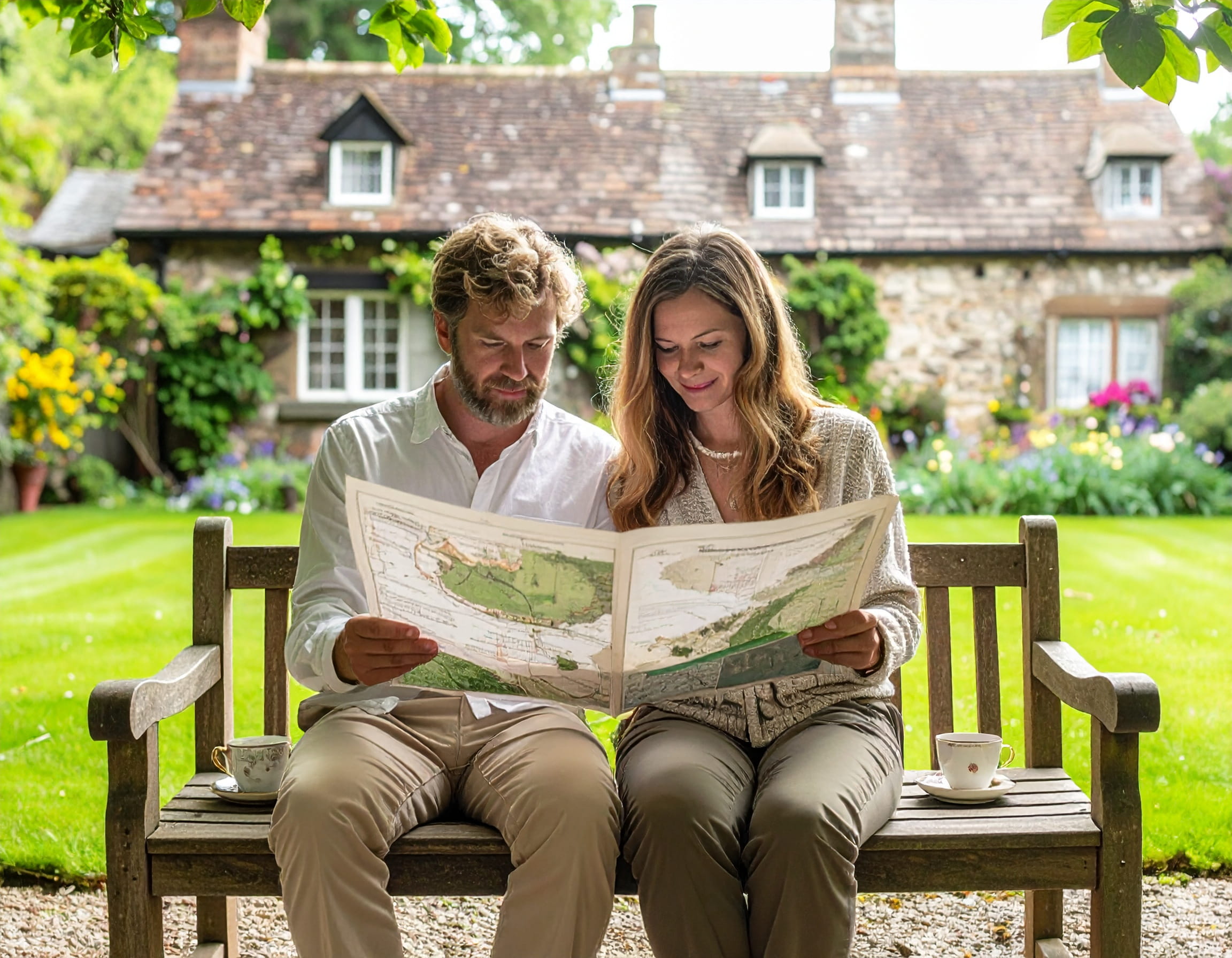 Travellers reading a custom Gardenquill itinerary beside an English walled garden and stone cottage