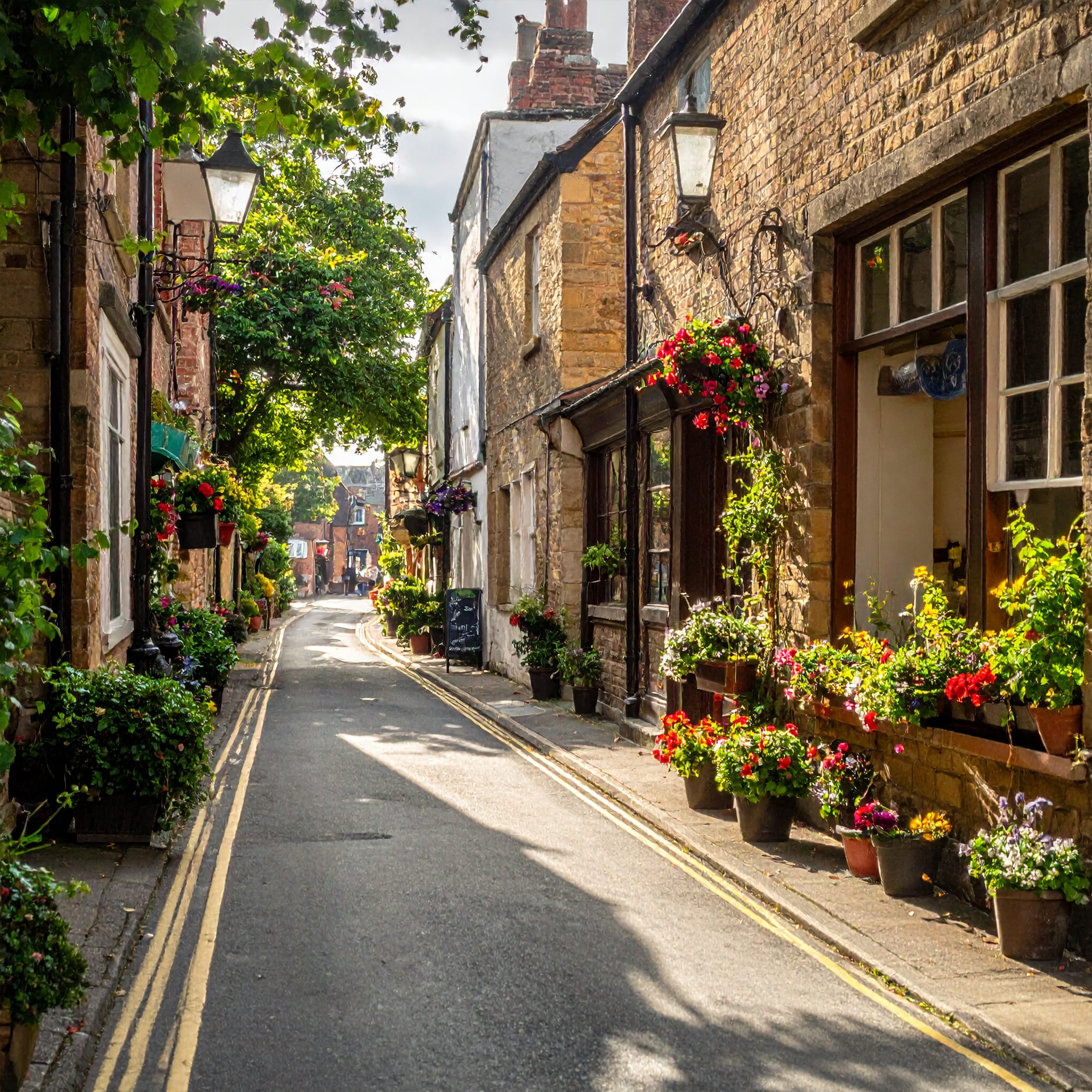 Quiet English market town lane with flowers, independent shops and soft morning light